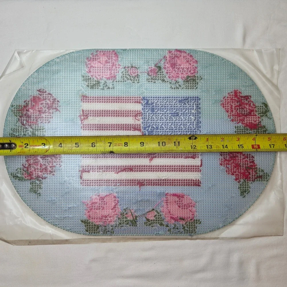 Vtg Handmade Needlepoint American Flag Roses Patriotic Oval Placemat Decor 17.5